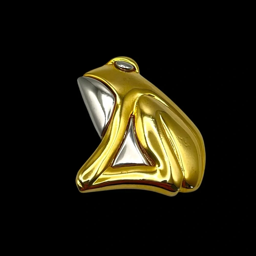 Cute Polished Silver and Gold Tone Frog Figural Brooch Contemporary Design